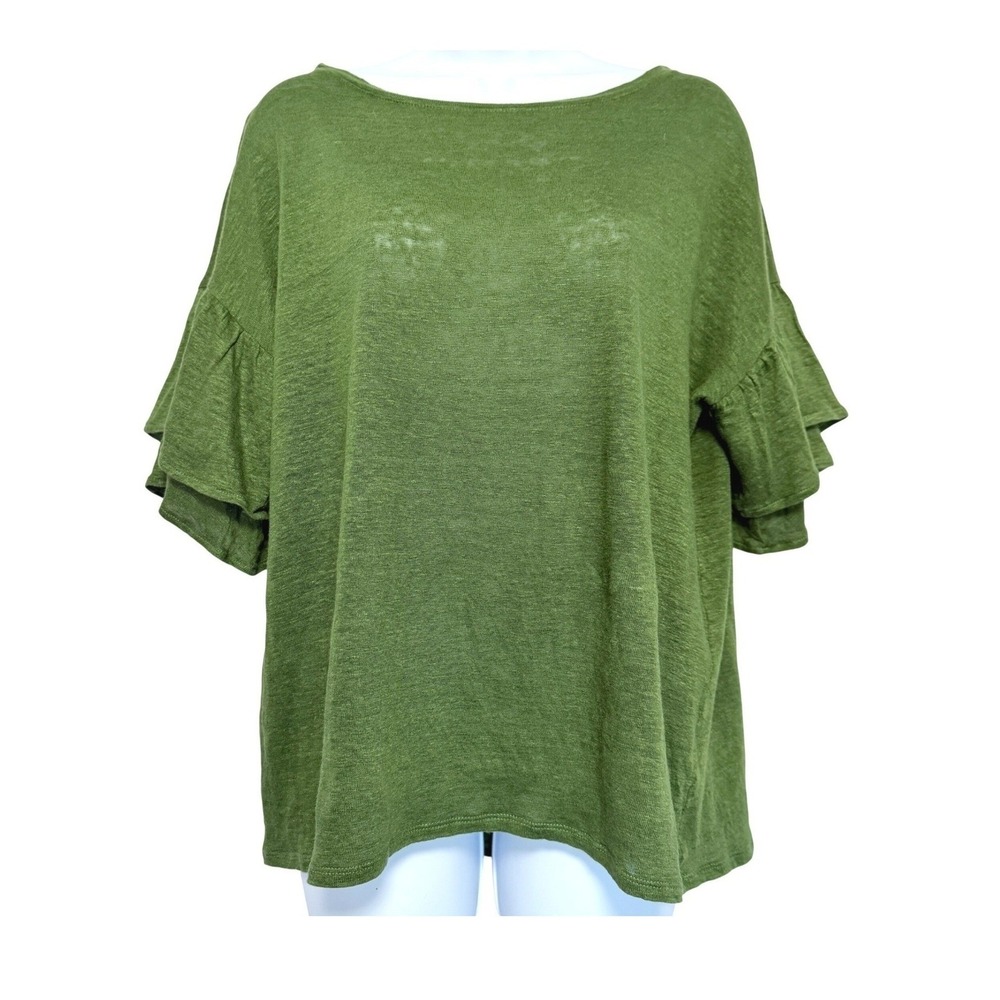 J Jill Love Linen Top Womens M Green Tiered Flutter Sleeve Blouse Boho Chic